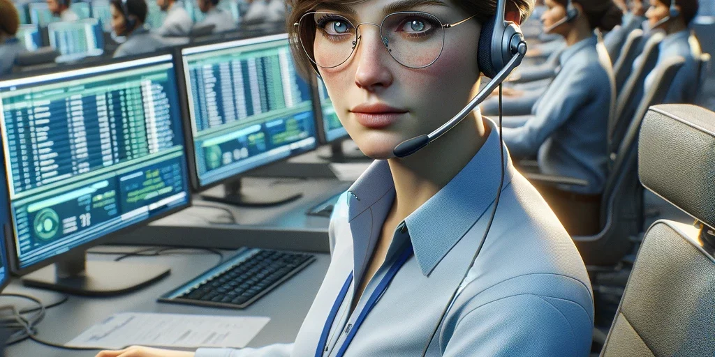 GGD telefoniste Illustratie van een vrouwelijke medewerker bij een callcenter met een headset, die voor een computer zit in een kantoor vol met medewerkers bij hun werkstations. Ze draagt een blauwe blouse en een bril, en kijkt rechtstreeks naar de camera met een geconcentreerde, maar vriendelijke blik.