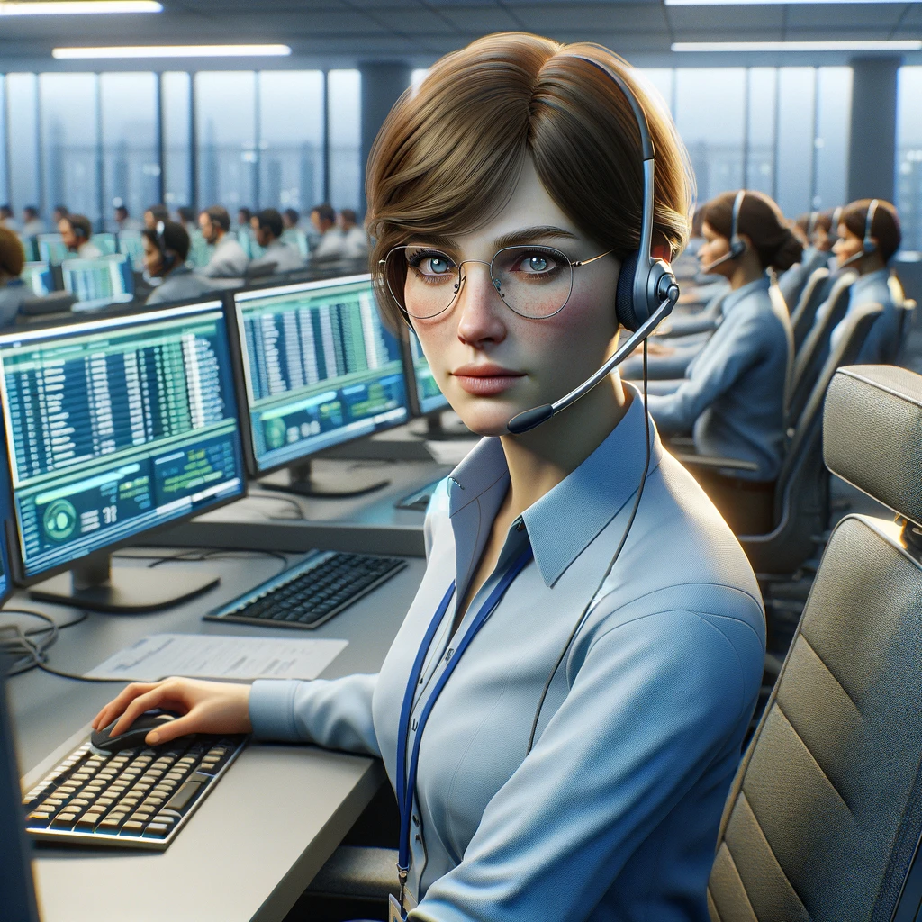 GGD telefoniste Illustratie van een vrouwelijke medewerker bij een callcenter met een headset, die voor een computer zit in een kantoor vol met medewerkers bij hun werkstations. Ze draagt een blauwe blouse en een bril, en kijkt rechtstreeks naar de camera met een geconcentreerde, maar vriendelijke blik.