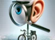 privacy data lek risico iot slimme fietshelm Surrealistische afbeelding van een fietshelm met een groot menselijk oor aan de zijkant en een oversized oog dat door een vergrootglas kijkt. Onder het vergrootglas bevindt zich een kleine fiets op een achtergrond die bestaat uit digitale binaire code, wat suggereert dat het een conceptuele weergave is van digitale surveillance of data-analyse in verband met fietsveiligheid of mobiliteitstechnologie.