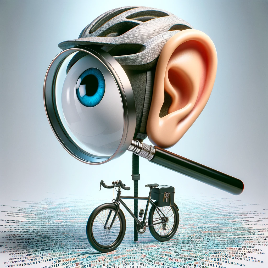 6109b895-ff36-491e-9088-f25505cca510 privacy data lek risico iot slimme fietshelm Surrealistische afbeelding van een fietshelm met een groot menselijk oor aan de zijkant en een oversized oog dat door een vergrootglas kijkt. Onder het vergrootglas bevindt zich een kleine fiets op een achtergrond die bestaat uit digitale binaire code, wat suggereert dat het een conceptuele weergave is van digitale surveillance of data-analyse in verband met fietsveiligheid of mobiliteitstechnologie.