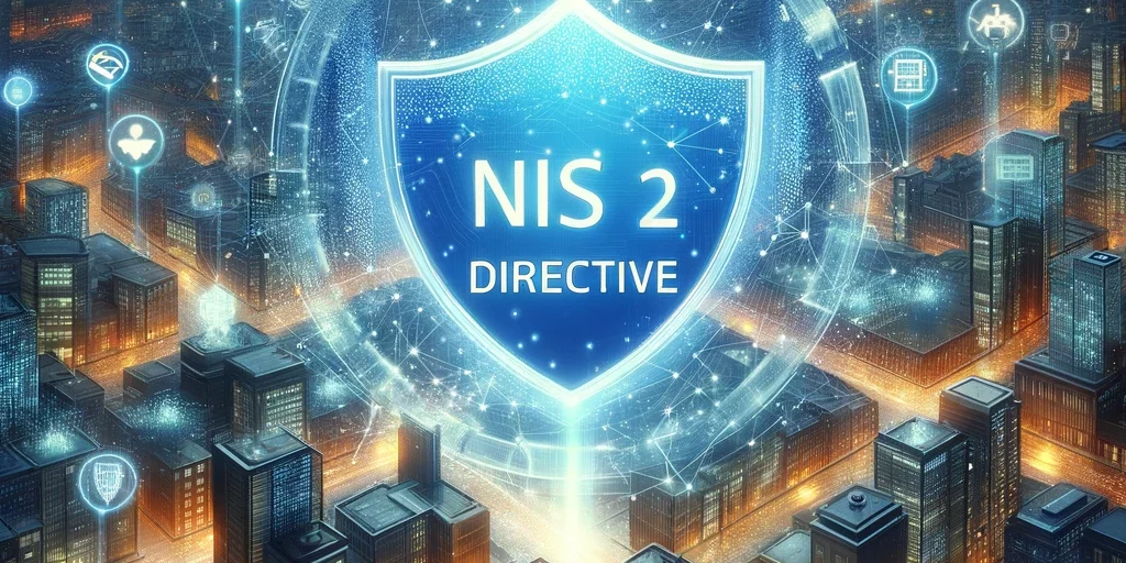 nis 2 Conceptuele afbeelding van een futuristische stad bij nacht, verlicht met talloze verbonden datastromen en symbolen die digitale beveiliging en netwerkverbindingen voorstellen. Centraal staat een stralend schild met de tekst 'NIS 2 DIRECTIVE', die de focus legt op de geüpdatete EU-regelgeving voor netwerk- en informatiebeveiliging.