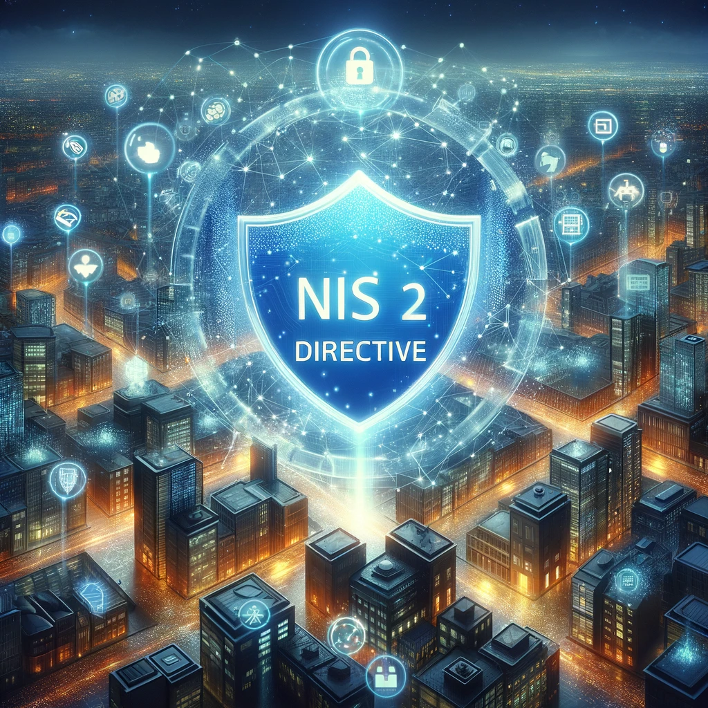 nis 2 Conceptuele afbeelding van een futuristische stad bij nacht, verlicht met talloze verbonden datastromen en symbolen die digitale beveiliging en netwerkverbindingen voorstellen. Centraal staat een stralend schild met de tekst 'NIS 2 DIRECTIVE', die de focus legt op de geüpdatete EU-regelgeving voor netwerk- en informatiebeveiliging.
