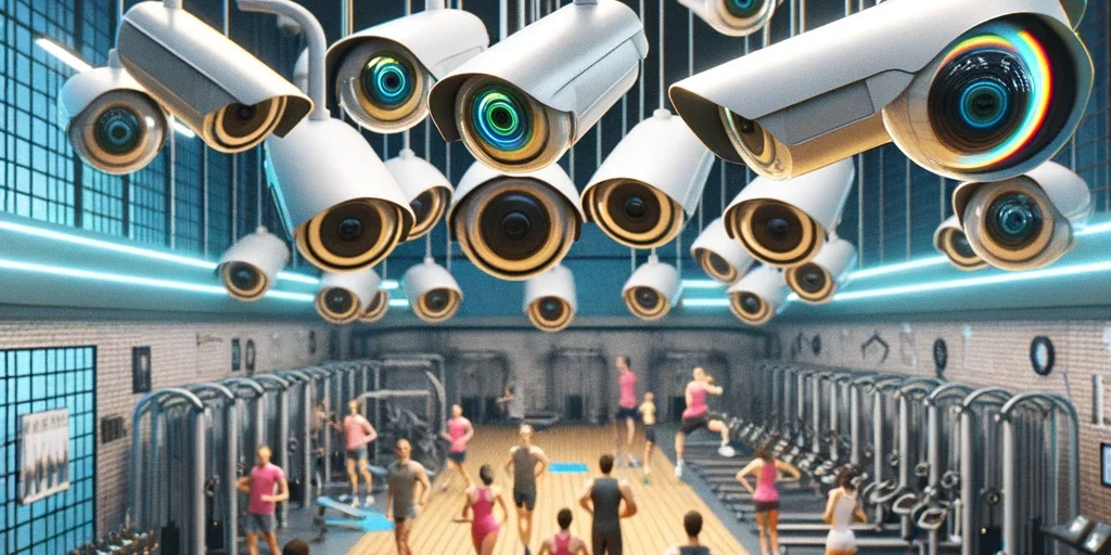 f56f2af7-16a2-4e27-a45a-0f79922f8e27 fitheid basic fit gezondheid avg Surrealistische weergave van een fitnessruimte met een groep mensen die oefeningen uitvoeren, en een overdreven aantal beveiligingscamera's die vanuit het plafond hangen en naar de sportschoolgangers kijken, wat een sfeer van intense surveillance creëert.