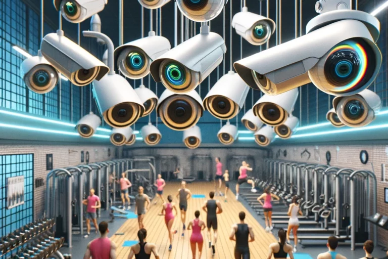 f56f2af7-16a2-4e27-a45a-0f79922f8e27 fitheid basic fit gezondheid avg Surrealistische weergave van een fitnessruimte met een groep mensen die oefeningen uitvoeren, en een overdreven aantal beveiligingscamera's die vanuit het plafond hangen en naar de sportschoolgangers kijken, wat een sfeer van intense surveillance creëert.