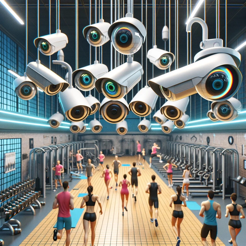 f56f2af7-16a2-4e27-a45a-0f79922f8e27 fitheid basic fit gezondheid avg Surrealistische weergave van een fitnessruimte met een groep mensen die oefeningen uitvoeren, en een overdreven aantal beveiligingscamera's die vanuit het plafond hangen en naar de sportschoolgangers kijken, wat een sfeer van intense surveillance creëert.