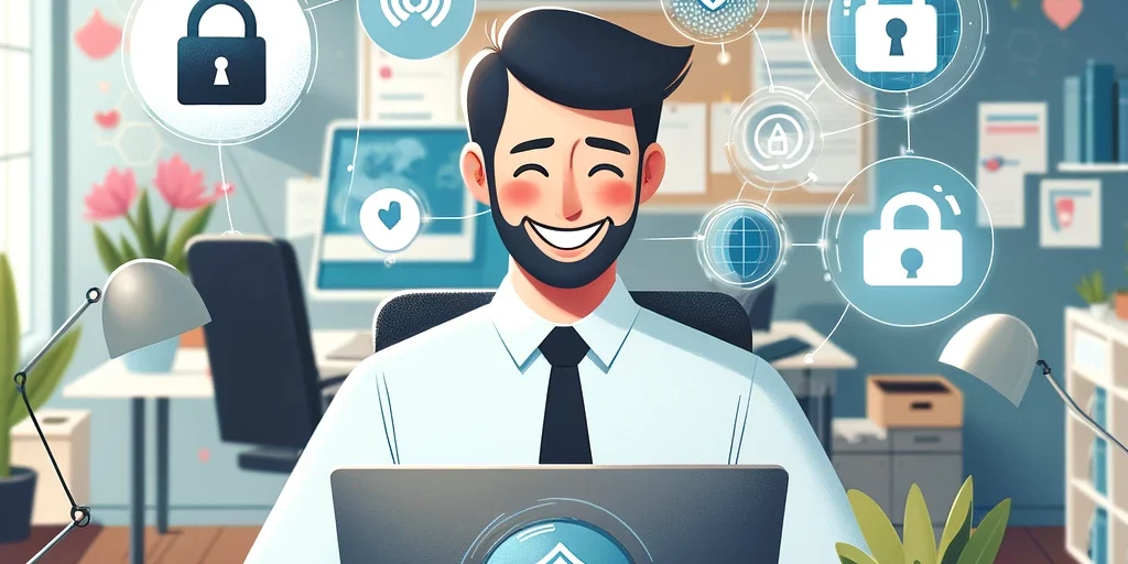 interim security interim security manager mkb training Een geanimeerde afbeelding van een blije interim security manager die aan een bureau zit met een laptop waarop een schild met een slot is afgebeeld. Om hem heen zweven verschillende iconen die cybersecurity elementen symboliseren zoals sloten, e-mails, hartjes, en verificatie badges, wat aangeeft dat hij werkt in een beveiligde netwerkomgeving. Dit illustreert de thema's van cybersecurity trainingen voor MKB