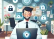 interim security manager mkb training Een geanimeerde afbeelding van een blije interim security manager die aan een bureau zit met een laptop waarop een schild met een slot is afgebeeld. Om hem heen zweven verschillende iconen die cybersecurity elementen symboliseren zoals sloten, e-mails, hartjes, en verificatie badges, wat aangeeft dat hij werkt in een beveiligde netwerkomgeving. Dit illustreert de thema's van cybersecurity trainingen voor MKB