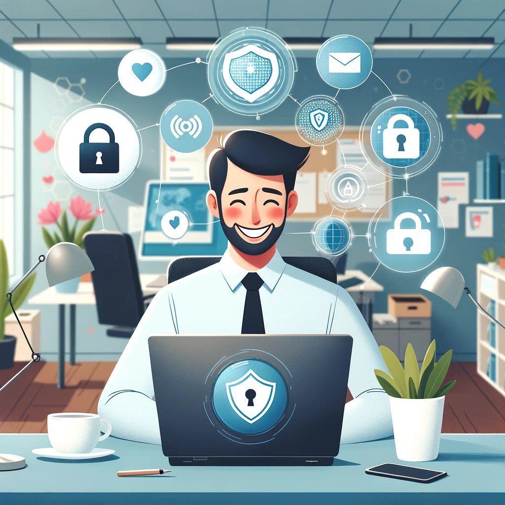 interim security interim security manager mkb training Een geanimeerde afbeelding van een blije interim security manager die aan een bureau zit met een laptop waarop een schild met een slot is afgebeeld. Om hem heen zweven verschillende iconen die cybersecurity elementen symboliseren zoals sloten, e-mails, hartjes, en verificatie badges, wat aangeeft dat hij werkt in een beveiligde netwerkomgeving. Dit illustreert de thema's van cybersecurity trainingen voor MKB