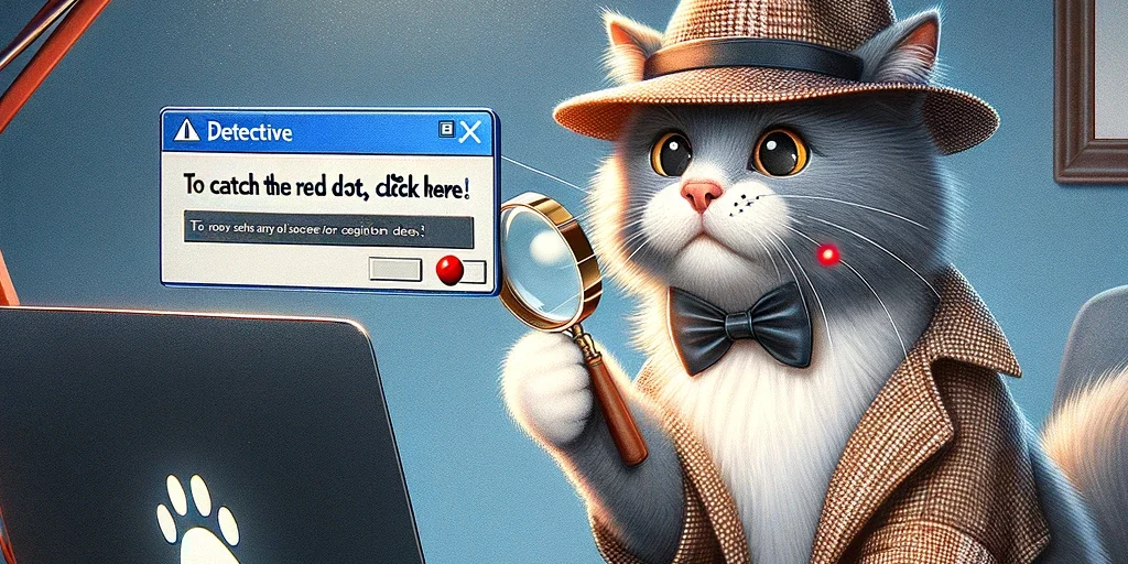 red dot Een kat in detectivekleding zit aan een bureau met een laptop en een vergrootglas, klaar om een rode stip op te sporen.