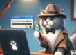 Een kat in detectivekleding zit aan een bureau met een laptop en een vergrootglas, klaar om een rode stip op te sporen.