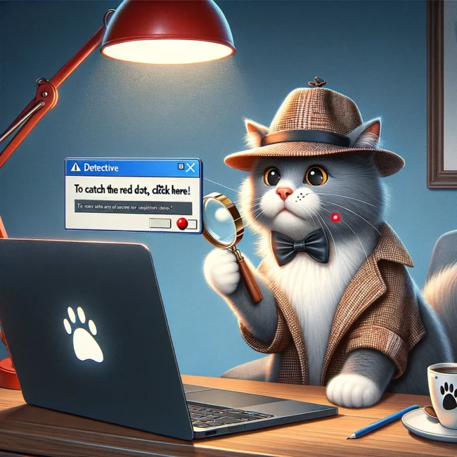 red dot Een kat in detectivekleding zit aan een bureau met een laptop en een vergrootglas, klaar om een rode stip op te sporen.