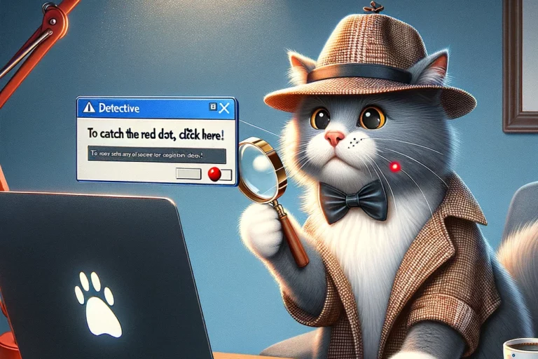 red dot Een kat in detectivekleding zit aan een bureau met een laptop en een vergrootglas, klaar om een rode stip op te sporen.