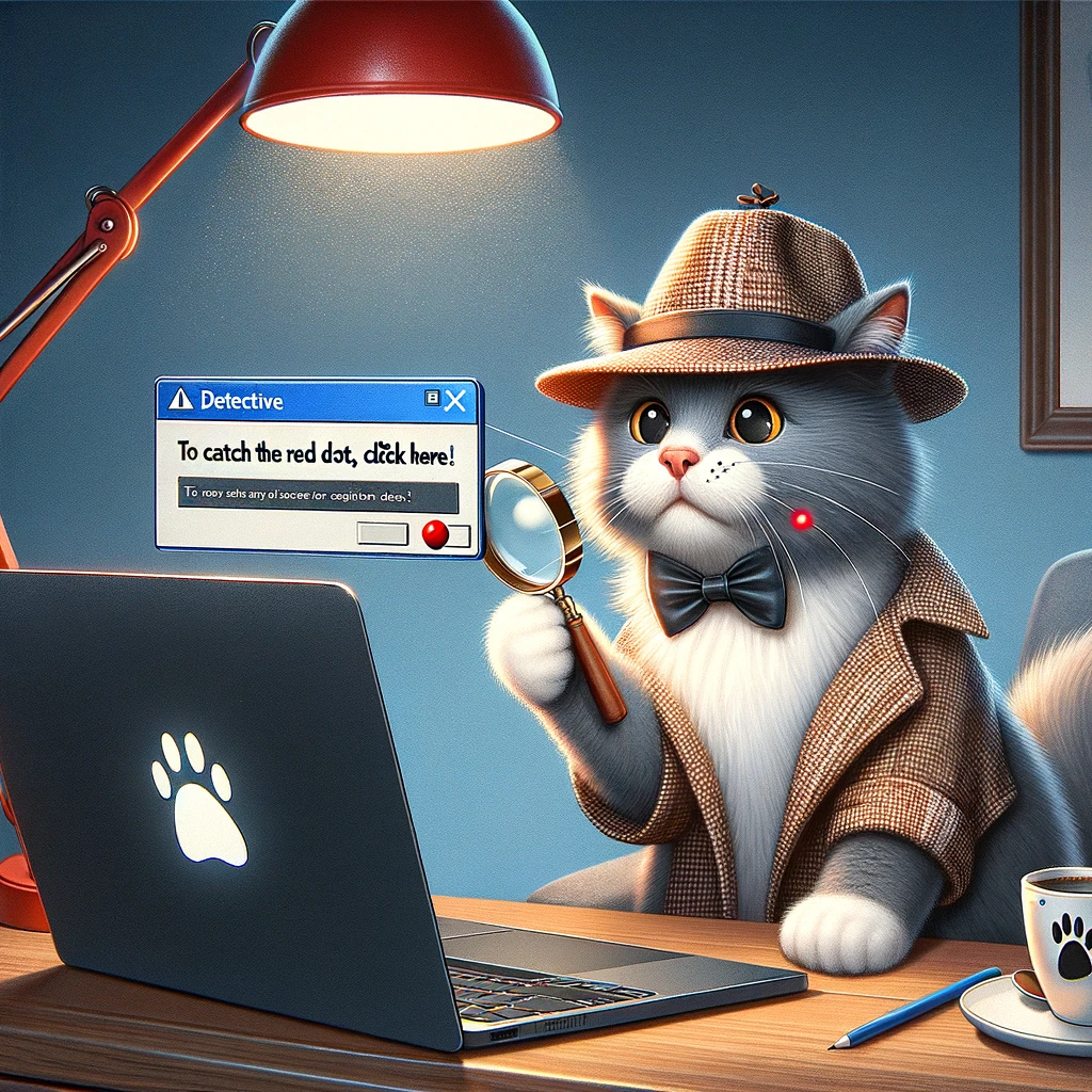 red dot Een kat in detectivekleding zit aan een bureau met een laptop en een vergrootglas, klaar om een rode stip op te sporen.