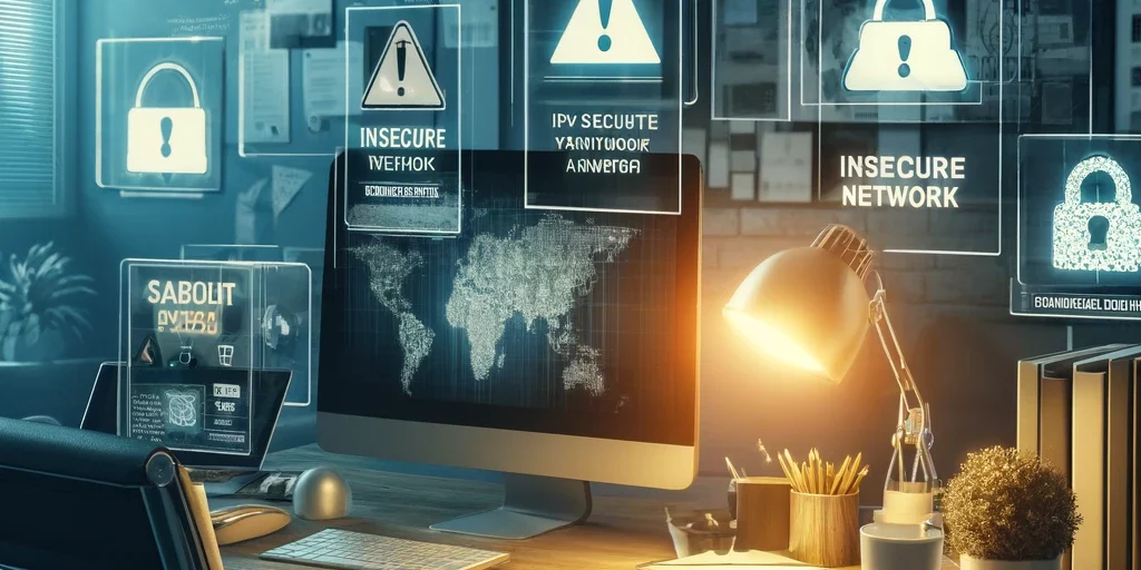 thuiswerken thuiswerken vpn phishing risico onveilig Een kantoorruimte bij nacht met holografische schermen die cybersecurity-waarschuwingen tonen, waaronder 'INSECURE NETWORK' en 'WARNING'. Centraal staat een werkplek met een computer, toetsenbord, lamp, notitieblokken en een koffiemok op het bureau. De hologrammen geven een geavanceerde, high-tech sfeer, die de aandacht vestigt op netwerkbeveiligingsrisico's