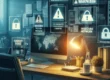 thuiswerken vpn phishing risico onveilig Een kantoorruimte bij nacht met holografische schermen die cybersecurity-waarschuwingen tonen, waaronder 'INSECURE NETWORK' en 'WARNING'. Centraal staat een werkplek met een computer, toetsenbord, lamp, notitieblokken en een koffiemok op het bureau. De hologrammen geven een geavanceerde, high-tech sfeer, die de aandacht vestigt op netwerkbeveiligingsrisico's