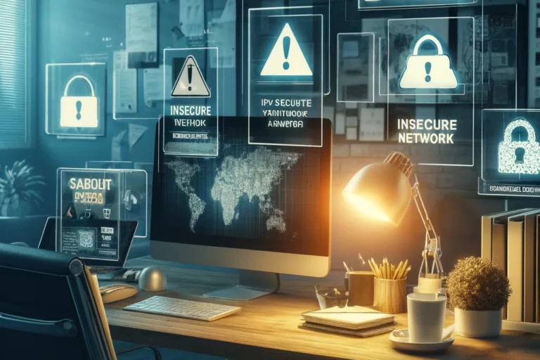 thuiswerken thuiswerken vpn phishing risico onveilig Een kantoorruimte bij nacht met holografische schermen die cybersecurity-waarschuwingen tonen, waaronder 'INSECURE NETWORK' en 'WARNING'. Centraal staat een werkplek met een computer, toetsenbord, lamp, notitieblokken en een koffiemok op het bureau. De hologrammen geven een geavanceerde, high-tech sfeer, die de aandacht vestigt op netwerkbeveiligingsrisico's