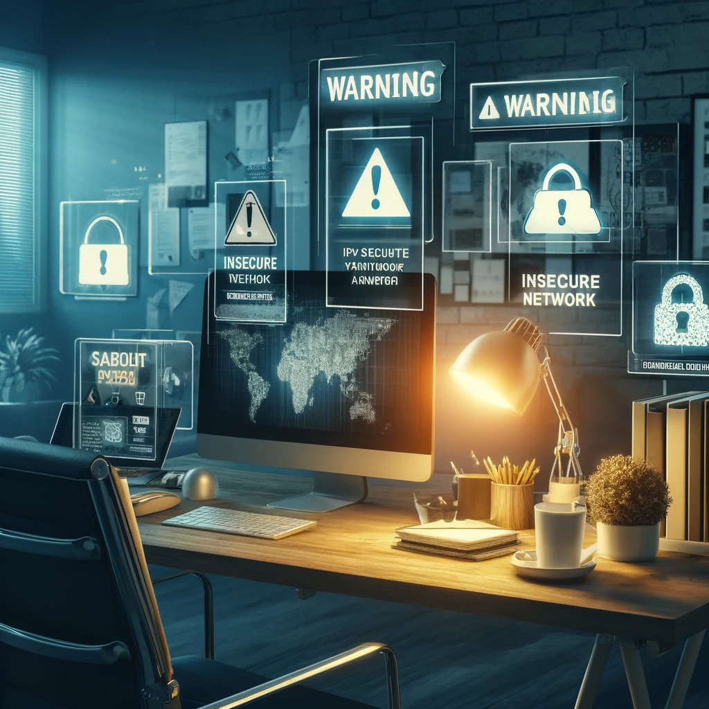 thuiswerken thuiswerken vpn phishing risico onveilig Een kantoorruimte bij nacht met holografische schermen die cybersecurity-waarschuwingen tonen, waaronder 'INSECURE NETWORK' en 'WARNING'. Centraal staat een werkplek met een computer, toetsenbord, lamp, notitieblokken en een koffiemok op het bureau. De hologrammen geven een geavanceerde, high-tech sfeer, die de aandacht vestigt op netwerkbeveiligingsrisico's